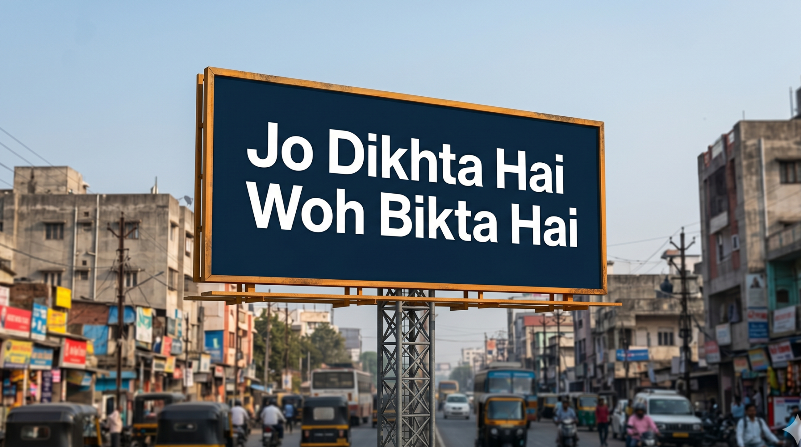 Billboard on Indian city street displaying Jo Dikhta Hai Woh Bikta Hai, representing visibility and trust building for MFDs