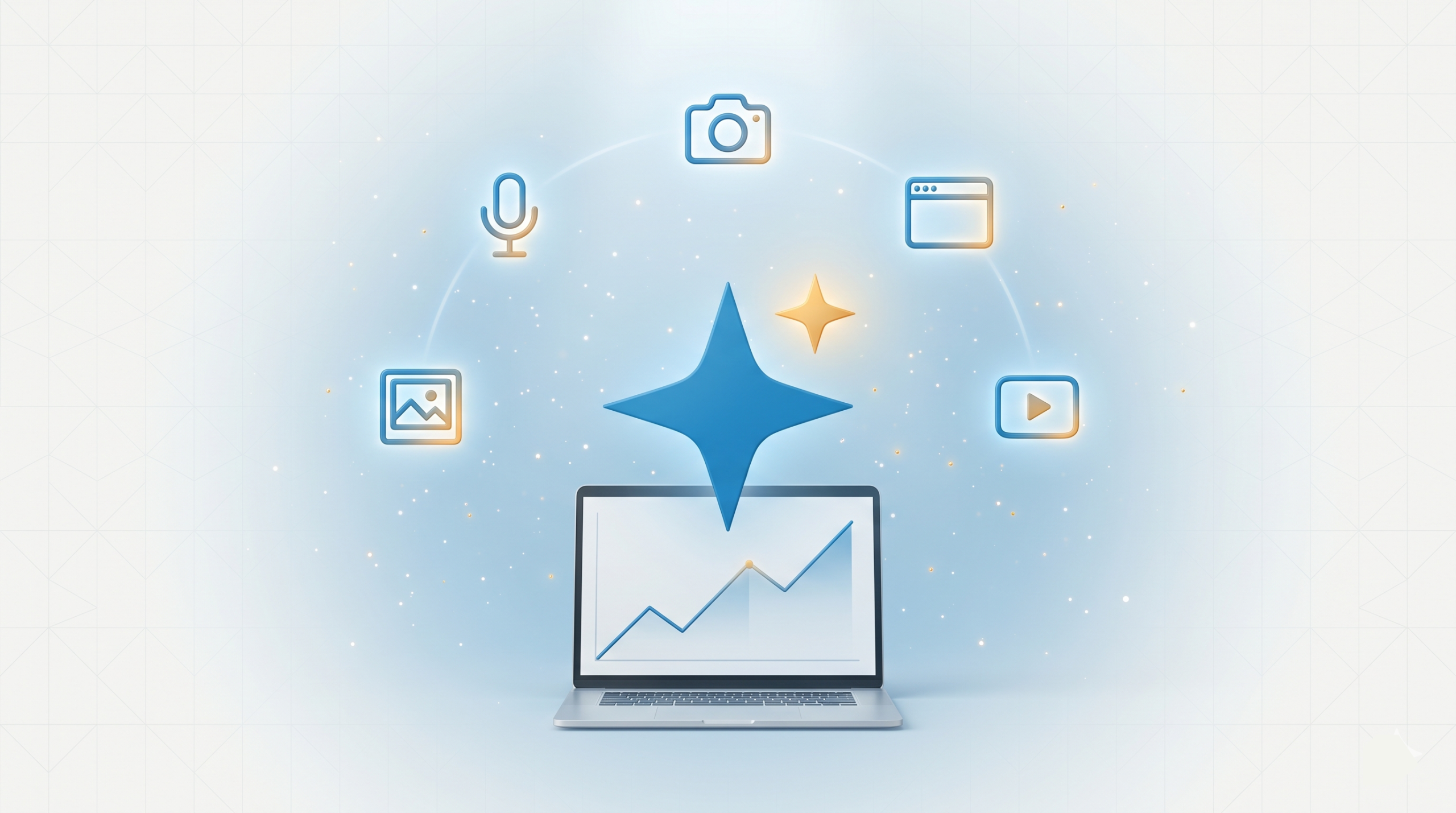AI sparkle icon over a laptop with digital tools showing how AI empowers mutual fund distributors with professional presence
