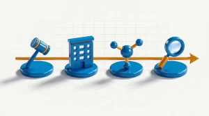 Four linked icons showing a regulator, a company, a hub and an inspection tool