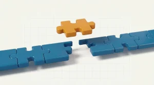 A row of puzzle pieces with one matching piece lowering into the missing gap